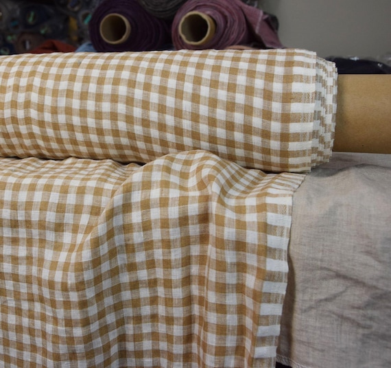Linen Gingham Fabric - Aura Sand Brown, 100% Pure, 125gsm, 8mm Check, Washed, Pre-shrunk, Beautiful & Durable! (Temporarily Out of Stock).