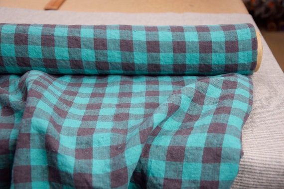 Pure 100% linen fabric "Stella Reddish Brown and Emerald Gingham" 190gr/m2 (5.7oz/yd2). Green brown gingham. Temporarily OUT OF STOCK.