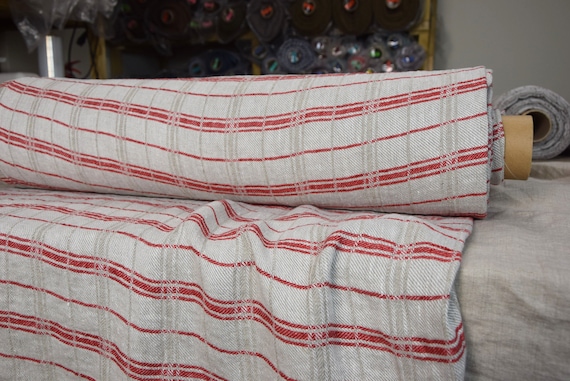 Temporarily OUT OF STOCK. Pure 100% linen fabric Rustica Red 250gsm. Traditional folk pattern. Undyed flax red stripe. Washed-softened