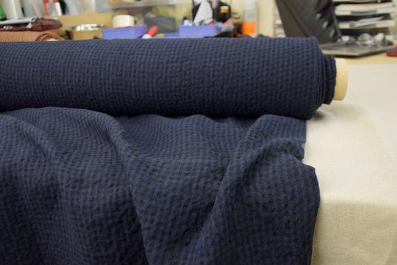 Fabric 100% linen "Gloria Blue-Black Gingham" 210gsm (6.2oz/yd2). Pantone 19-3810 Eclipse, Very Dark Navy, Almost Black 4mm check. IN STOCK.
