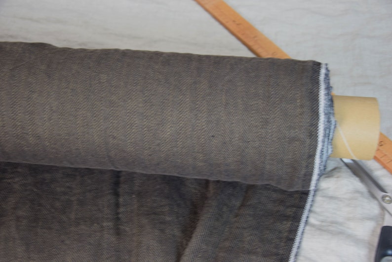 mix of dark brown and black Pure 100/% linen fabric Sigma Black Soil Herringbone 220gsm Broken twill Washed-softened. WHOLESALE