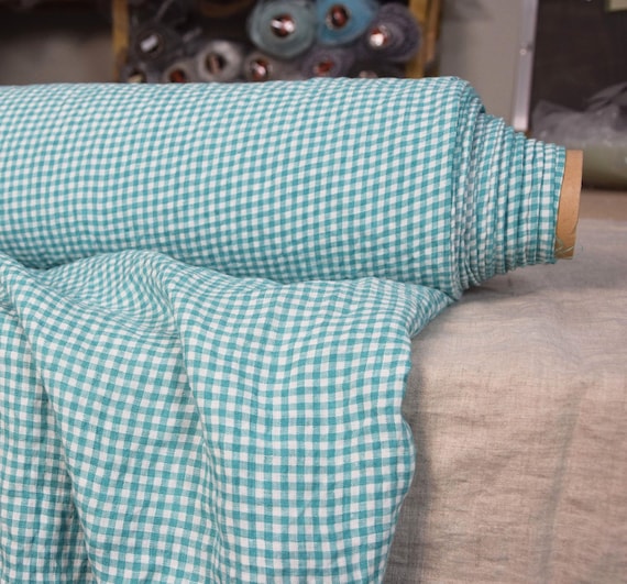 Pure 100% linen fabric Aurora Aloe Green Gingham 160gsm(4.80oz/yd2). Small 4mm vichy check. OUT OF STOCK.