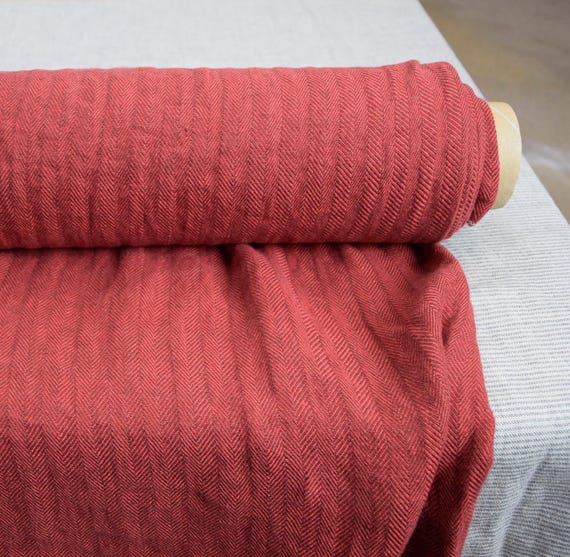 Linen Fabric - "Sigma Herringbone Cherry Tomato", Soft, Washed, 220gsm, Drapey Luxurious Texture, Natural Feel, Fabric Linen Red. IN STOCK!