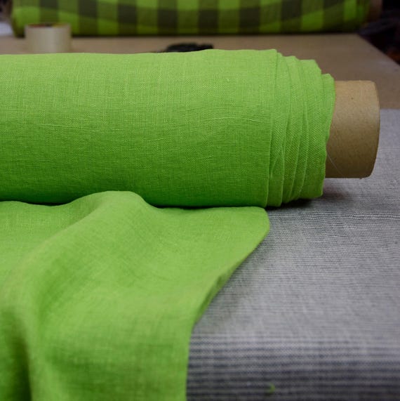 Thin semi-sheer pure 100% linen fabric "Serena Sharp Green" 95gsm(2.80oz/yd2). Pantone 13-0535 vibrant chartreuse (green-yellow). IN STOCK!