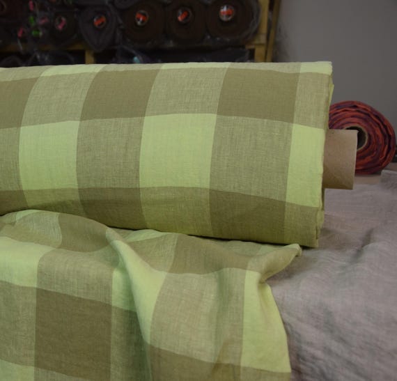 Beautiful Linen Check Fabric - "Margarita Gameboard Soft Olive/Lime", 8cm Checks, 190gsm, 100% Pure Linen, Washed, Pre-Shrunk. OUT OF STOCK!