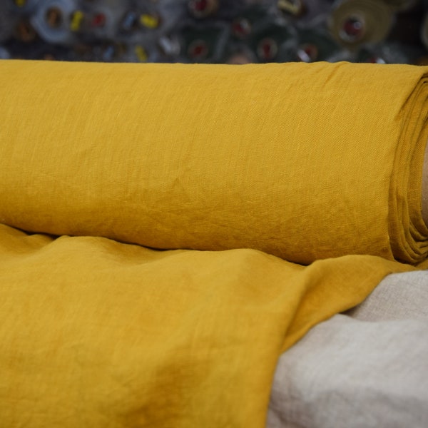 Pure 100% linen fabric 130gsm. Rich golden-yellow color (Pantone color Inca Gold). Light weight, washed-softened. For light clothes.