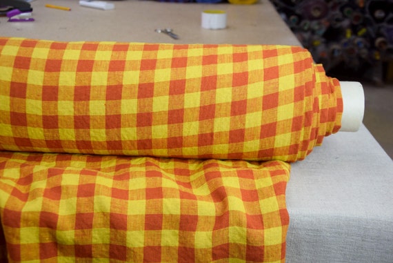 Linen Fabric - "Stella Red/Yellow Gingham", Pemium 100% Pure Linen, 190gsm (5.7oz), Bright, Vivid, Pantone Illuminating 13-0607. IN STOCK!