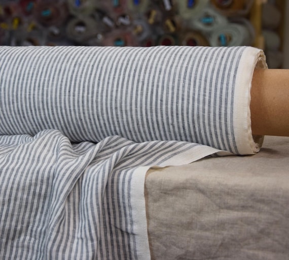 Gray Striped Linen Fabric - Aura, 125gsm, White/Cool Gray 3mm Stripes, Softened, Washed, Lightweight, Breathable, Natural Fibers, IN STOCK!