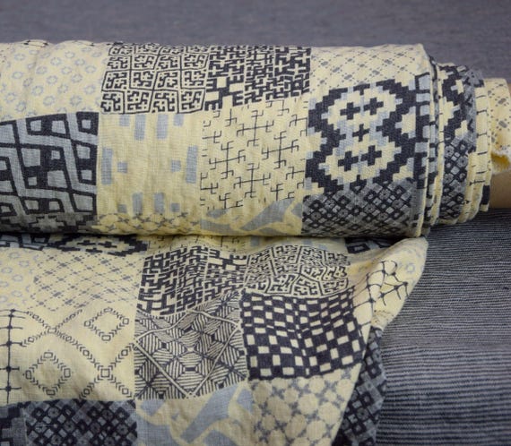 Pure 100% linen fabric "Gloria Vanilla Custard patchwork pattern" 200gsm(6oz/yd2). Pantone 12-0815 Pastel Yellow, IN STOCK. Clearance.