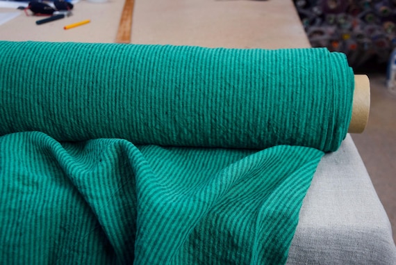 Pure 100% Linen Fabric "Elba Mint Candy Stripe" 200gsm (6oz). Green, New York Fashion Week spring 2024. Pantone 16-5938 OUT OF STOCK.