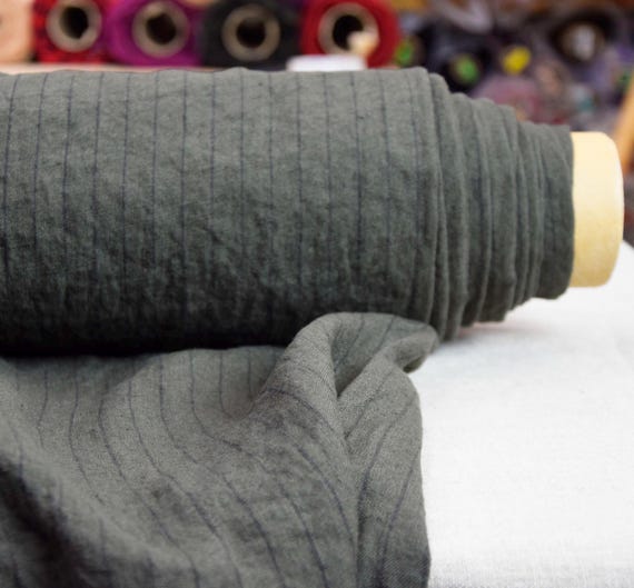 Pure linen fabric Gloria Dark Earthy Green with Black Pinstripe 200gsm (6oz/yd2). Pantone Forest Night 19-0414 color. Very soft. IN STOCK.