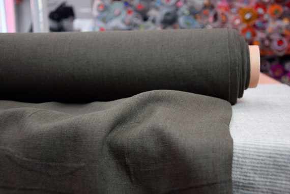 Pure 100% linen fabric "Nata Very Dark Olive" 250gsm (7.30 oz/yd2). Quite heavyweight, washed, softened, densely tightly woven. IN STOCK.