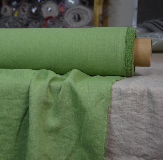Fabric 100% linen Gloria Grenada Green 200gsm(5.90oz/yd2). Middle weight, washed-softened. Deep, rich shade of green. IN STOCK.