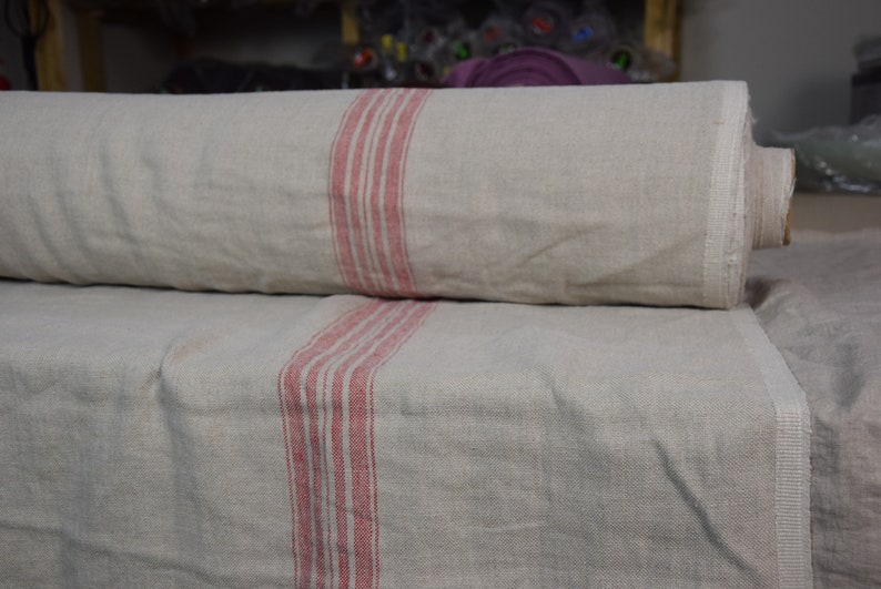 IN STOCK. 100% linen fabric Pera Natural Red Stripe 350gsm. French grain sack pattern. Pre-shrunk. Eco-friendly heavy and thick material. image 2