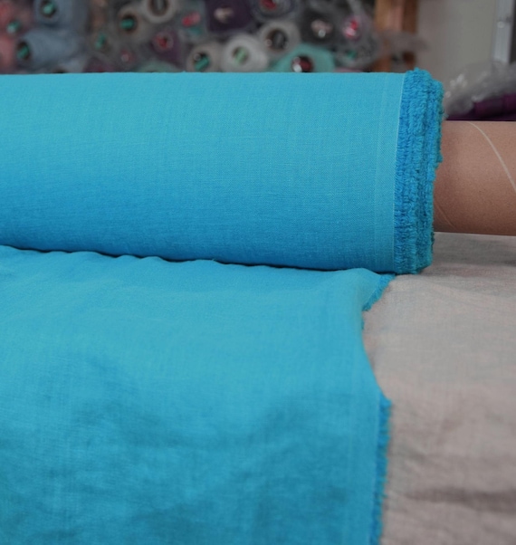 Linen Fabric "Gloria Glamorous Cyan", Bright Turquoise Blue, Pre-shrunk, High Quality 190gsm Medium Weight, Tightly Woven Texture, IN STOCK!