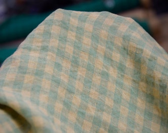 IN STOCK. 100% linen fabric Aurora Tender Peach and Greenish Gingham 160gsm(4.80oz/yd2). 8mm checks. Softened.