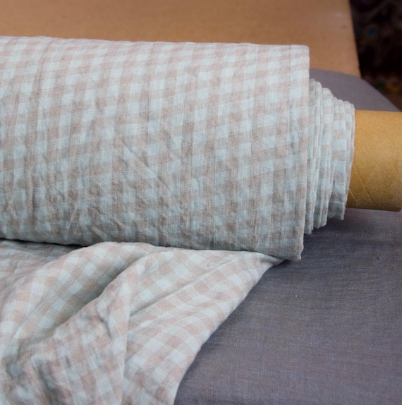 Linen Fabric "Aurora Gingham", Pale Light Pastel Violet-Pink/Teal Check, 160gsm/5oz, 100% Pure, Premium, Natural Rumpled, Ready to Ship!