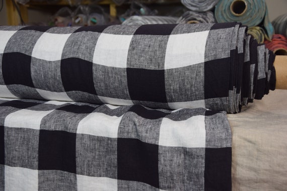 Temporarily OUT OF STOCK. Pure 100% linen fabric Margarita Gameboard Pattern Black-White 190gsm.  8cm checks. Washed-softened.