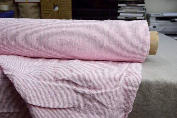 Linen Fabric "Elba Pink Pencil Pinstripe", Premium Stonewashed 200gsm/6oz 100% Pure Linen, Preshrunk, Naturally Creased, IN STOCK