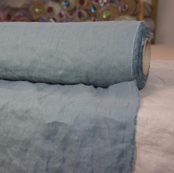 Linen fabric "Gloria Stormy Sea", Medium Weight 200gsm /5.9oz/yd2. Quite dark gray, bluish-greenish tint. Washed. Pure 100% Linen. IN STOCK.
