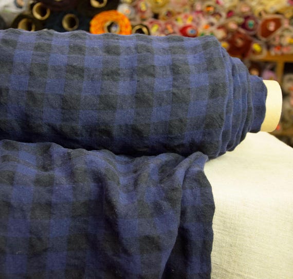 Fabric 100% linen Gloria Eclipse Chessboard 210gsm (6.2oz/yd2). Pantone 19-3810 TPG, Navy/Blue/Black linen gingham 2 cm check. IN STOCK.