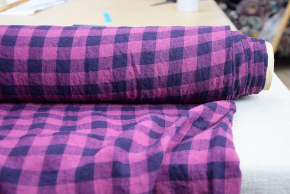 100% linen fabric "Stella Blue/Fuchsia Gingham" 190gr/m2 (5.8oz/yd2). Pantone Raspberry Radiance 19-2432. IN STOCK.