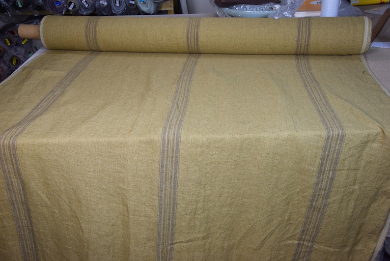 Eco-friendly heavy thick material. WashedPre-shrunk 100/% linen fabric Pera Brown Stripe 350gsm French grain sack pattern