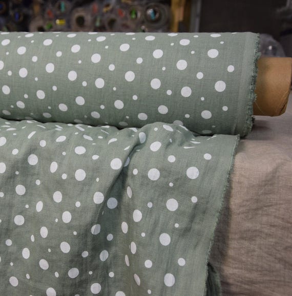 Dotted Linen Fabric - "Gloria Antique Jade", Greenish Gray with White Dots, 190gsm, Polka Dot, Beautiful, Last Piece 1.4x1.45m! IN STOCK!