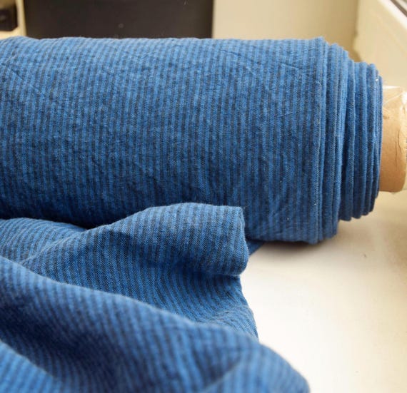 Linen Fabric "Elba Deep Blue Striped", 200gsm/6oz, 100% Pure, Vibrant Saturated Pantone Bright Cobalt, Naturally Stylish Creased, IN STOCK!