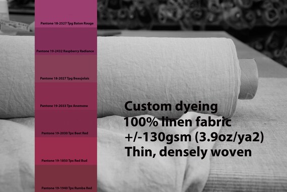 CUSTOM DYEING 100% linen fabric Aura 130gsm (3.8oz/yd2). Thin lightweight densely plainly woven. Pantone Red Crimson Raspberry colors No 13.