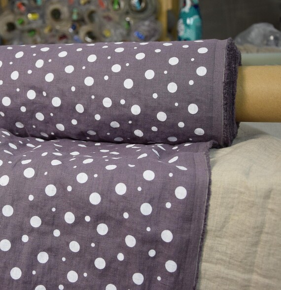 Pure Linen Fabric "Gloria Dimmed Lilac Dotted", Softened 190gsm, Sophisticated White Dot Pattern, Airy & Drapey, Beautiful Feel, IN STOCK!