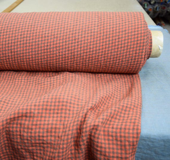 Fabric Linen "Aurora Orange & Green Gingham", 4mm Small Check, 160gsm/5oz, 100% Linen, Vibrant, Bright, Premium Quality, Soft, IN STOCK!