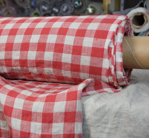 Linen Fabric "Stella Red Gingham", 2cm Check, 190gsm (5.8oz), 100% Pure, Bright & Beautiful, Classic Red Checks, For Tablecloth ! IN STOCK!