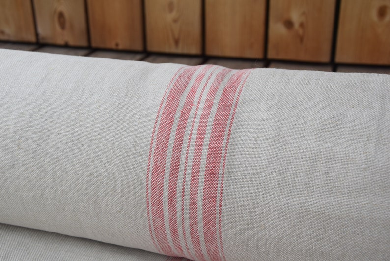 IN STOCK. 100% linen fabric Pera Natural Red Stripe 350gsm. French grain sack pattern. Pre-shrunk. Eco-friendly heavy and thick material. image 6