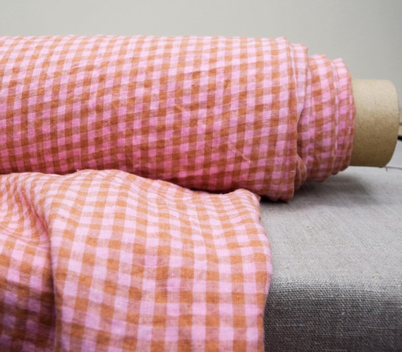 Linen Fabric "Aurora Pink & Brownish Gingham", Premium Quality, 6mm Check 160gsm/5oz, 100% Pure, Soft, Naturally Creased-Wrinkled, IN STOCK!