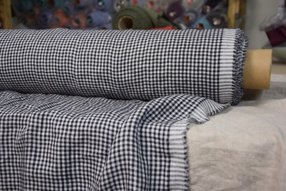 Temporarily OUT OF STOCK. Pure 100% linen fabric Augusta Black Gingham 150gsm (4.50 oz/yd2). Washed-softened. Widht 145cm (57").