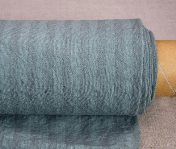 Linen Fabric - "Gloria Bengal Stripe Jadeite", Mellow Green Shade, 200gsm (6oz), Washed, Soft, Pantone 16-5304, Excellent Quality, IN STOCK!