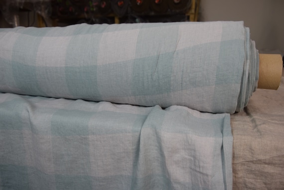 Pure 100% linen fabric Margarita Gameboard Pattern Aqua/Gray 190gsm. 8cm checks. Washed-softened. IN STOCK.