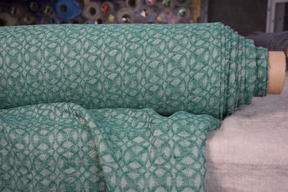 Pure 100% linen fabric Nora Green 210gsm. Small abstract-floral jacquard pattern. OUT OF STOCK. Only a sample is available.