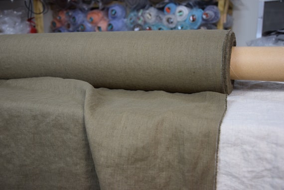 Temporarily OUT OF STOCK. 100% linen fabric Gloria Dried Tobacco 190gsm (5.60oz/yd2). Muted earthy olive-gray. Washed-softened.
