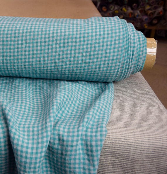 Pure 100% linen fabric Aurora Green/Blue Gingham 160gsm(4.80oz/yd2). 4mm check. IN STOCK.
