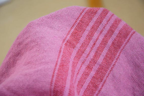 Heavyweight Linen Fabric - "Pera Pink & Red Stripe", 100% Pure, 350gsm, OOAK, French Grain Sack Pattern, High Quality, MADE To ORDER.