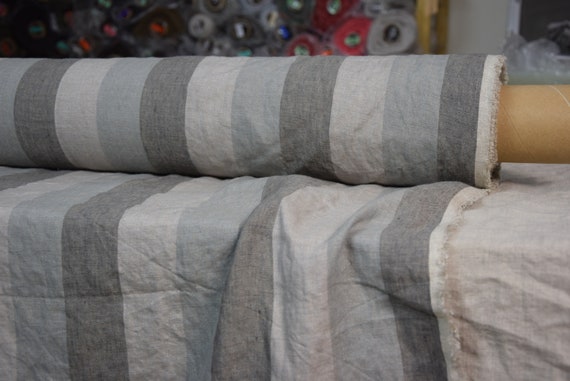 Temporarily OUT OF STOCK. Pure 100% linen fabric Margarita Roman Stripes Gray 190gsm(5.60 oz/yd2). Melange 5cm(2") stripes.