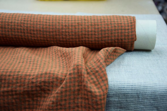 Pure 100% linen fabric "Aurora Reddish-brown/Green Gingham" 160gsm(4.8oz/yd2). 4mm check. OUT OF STOCK.