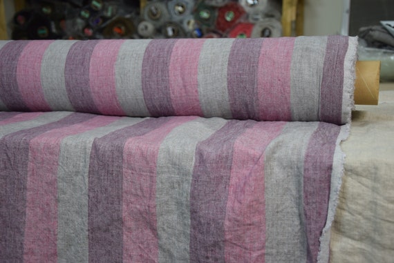 Pure 100% linen fabric Margarita Roman Stripes Gray Pink Purple 190gsm(5.60 oz/yd2). Melange 5cm(2") stripes. Washed-softened, pre-shrunk.
