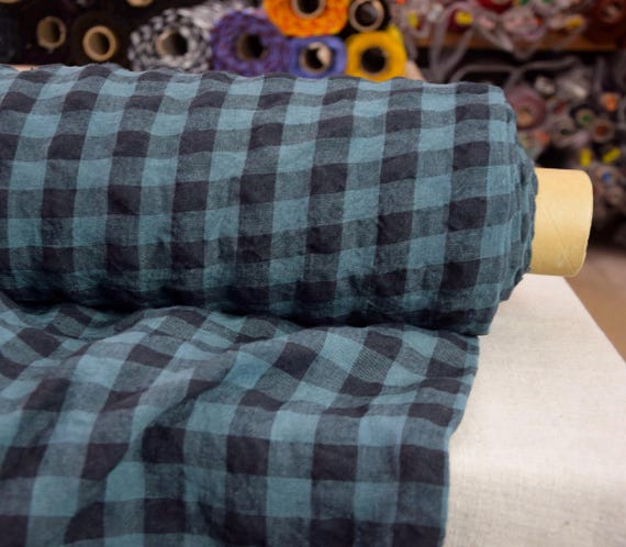Linen Fabric "Gloria Teal/Black Gingham", Blue-Green Checks, 210gsm (6.2oz), 100% Pure, Softly Creased, Premium Quality, IN STOCK!