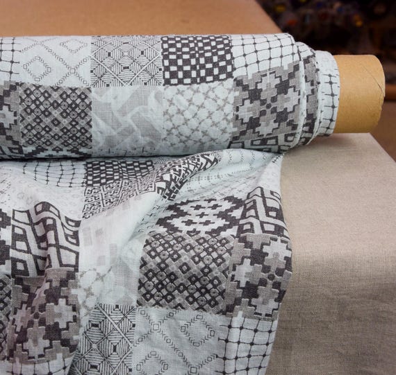 Pure 100% linen fabric Gloria Blue Blush patchwork pattern 200gsm (6oz/yd2). Very light pale airy blue. IN STOCK. Clearance.