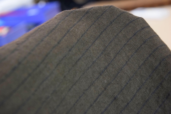 Pure Linen Fabric "Gloria Caffe Pinstripe" 200gsm (6oz/yd2). Pantone 19-0812. Brown color. 100% Linen Material. Naturally Creased.