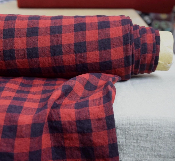 Fabric Linen "Stella Blue/Brick-Red Gingham" Prewashed, Softly Naturally Creased, Lovely Texture, 190gsm (5.8oz)  Premium Quality, IN STOCK!