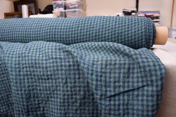 Linen Fabric "Aurora Blue & Green Gingham", Premium Quality, Lightweight 160gsm/5oz, 6mm Navy/Green Check Soft Naturally Wrinkled, IN STOCK!